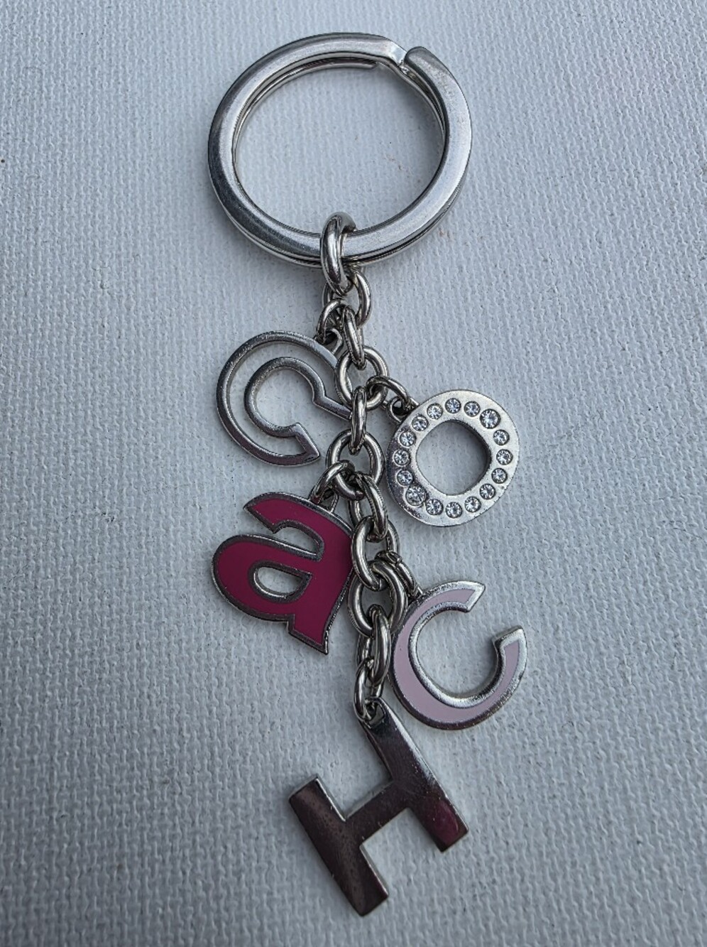 Y2K Coach Silver Key Ring with Pink Letter Charm Rhinestone Enamel - Picture 2 of 3